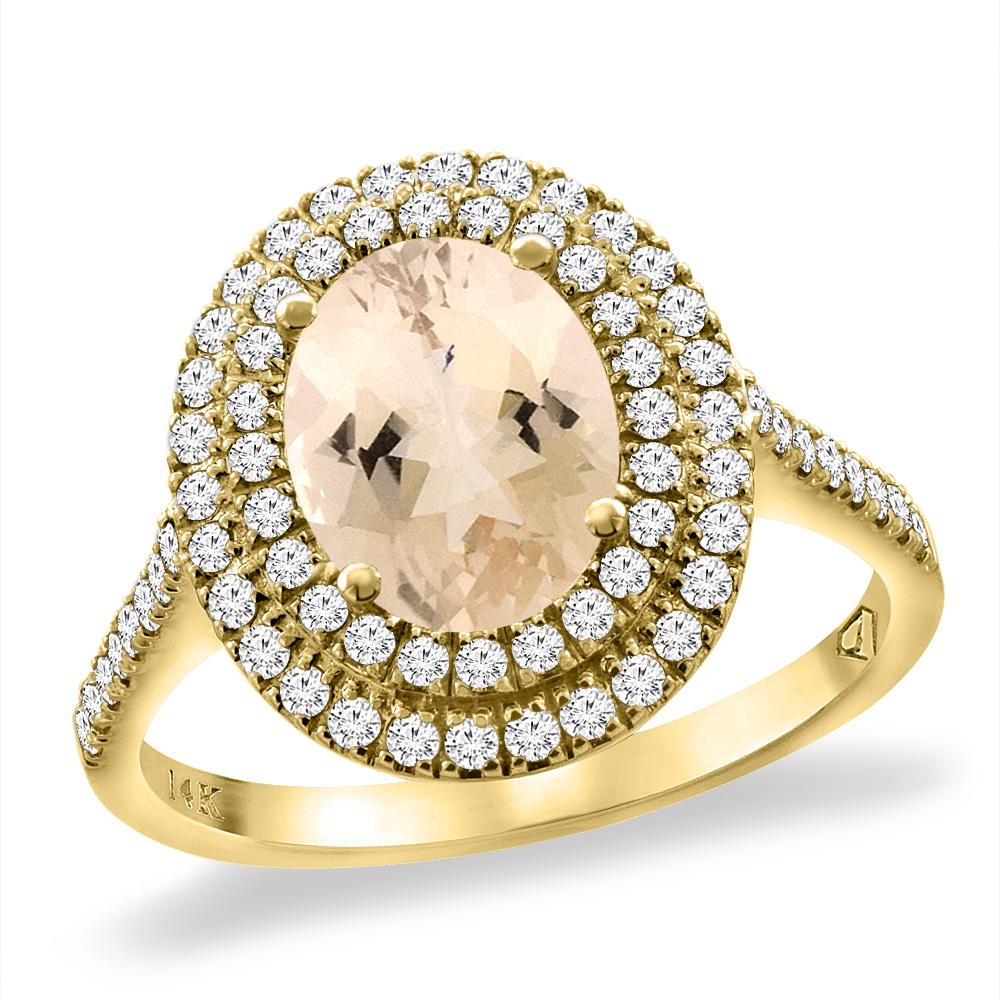 14K Yellow Gold Natural Morganite Two Halo Diamond Engagement Ring 9x7 mm Oval, sizes 5 -10