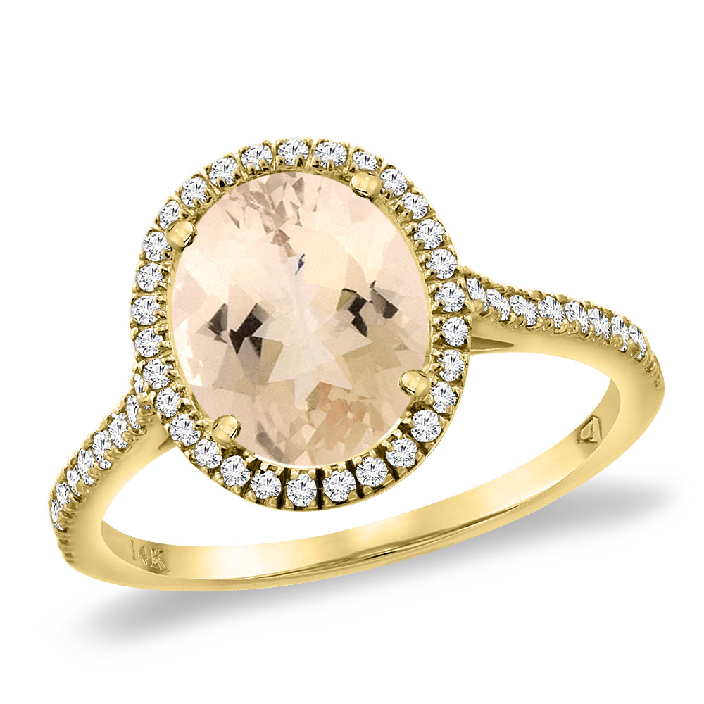 14K Yellow Gold Natural Morganite Diamond Halo Engagement Ring 10x8 mm Oval, sizes 5 -10