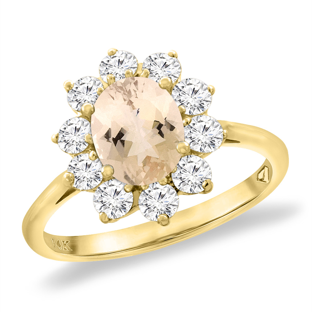 14K Yellow Gold Diamond Natural Morganite Engagement Ring Oval 8x6 mm, sizes 5 -10