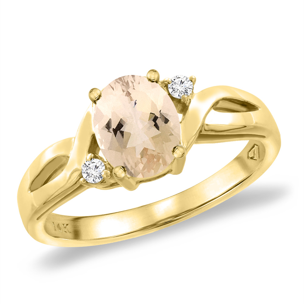 14K Yellow Gold Diamond Natural Morganite Engagement Ring Oval 8x6 mm, sizes 5 -10