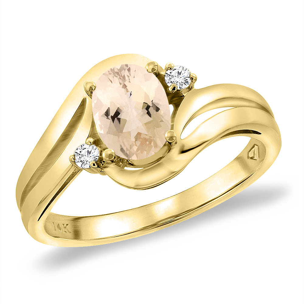 14K Yellow Gold Diamond Natural Morganite Bypass Engagement Ring Oval 8x6 mm, sizes 5 -10