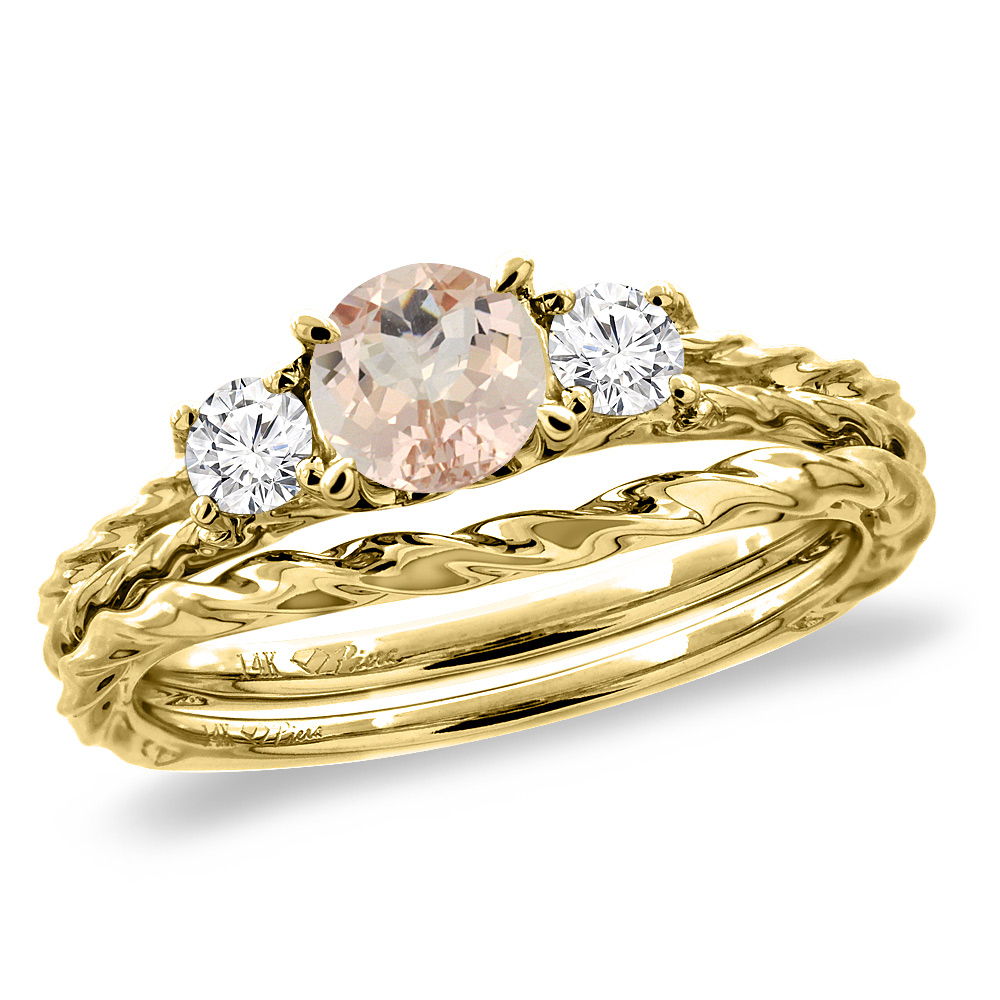 14K Yellow Gold Diamond Natural Morganite 2pc Engagement Ring Set Round 6mm Twisted, sizes 5-10