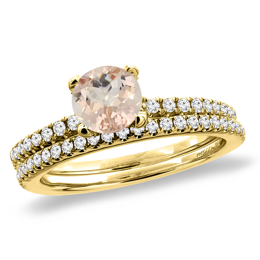 14K Yellow Gold Diamond Natural Morganite 2pc Engagement Ring Set Round 5 mm, sizes 5-10