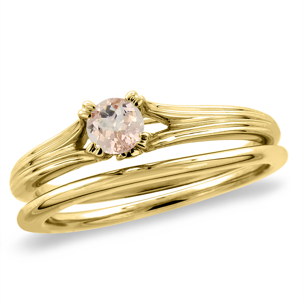 14K Yellow Gold Diamond Natural Morganite 2pc Solitaire Engagement Ring Set Round 5 mm, sizes 5 -10