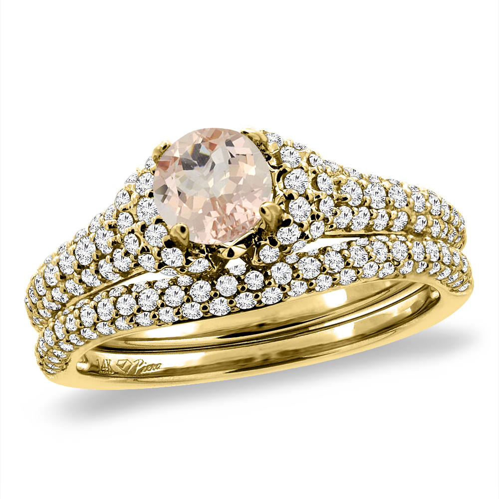 14K Yellow Gold Diamond Natural Morganite 2pc Engagement Ring Set Round 5 mm, sizes 5-10