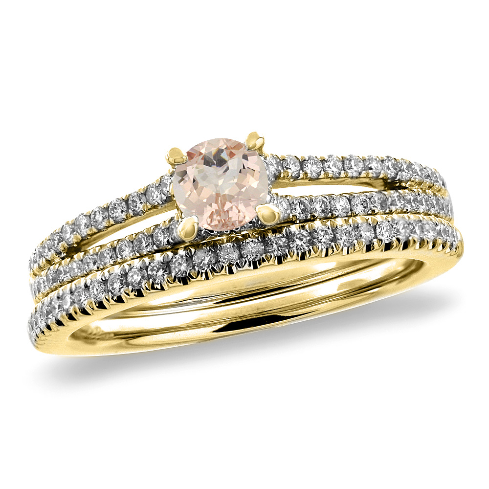 14K Yellow Gold Diamond Natural Morganite 2pc Engagement Ring Set Round 5 mm, sizes 5-10
