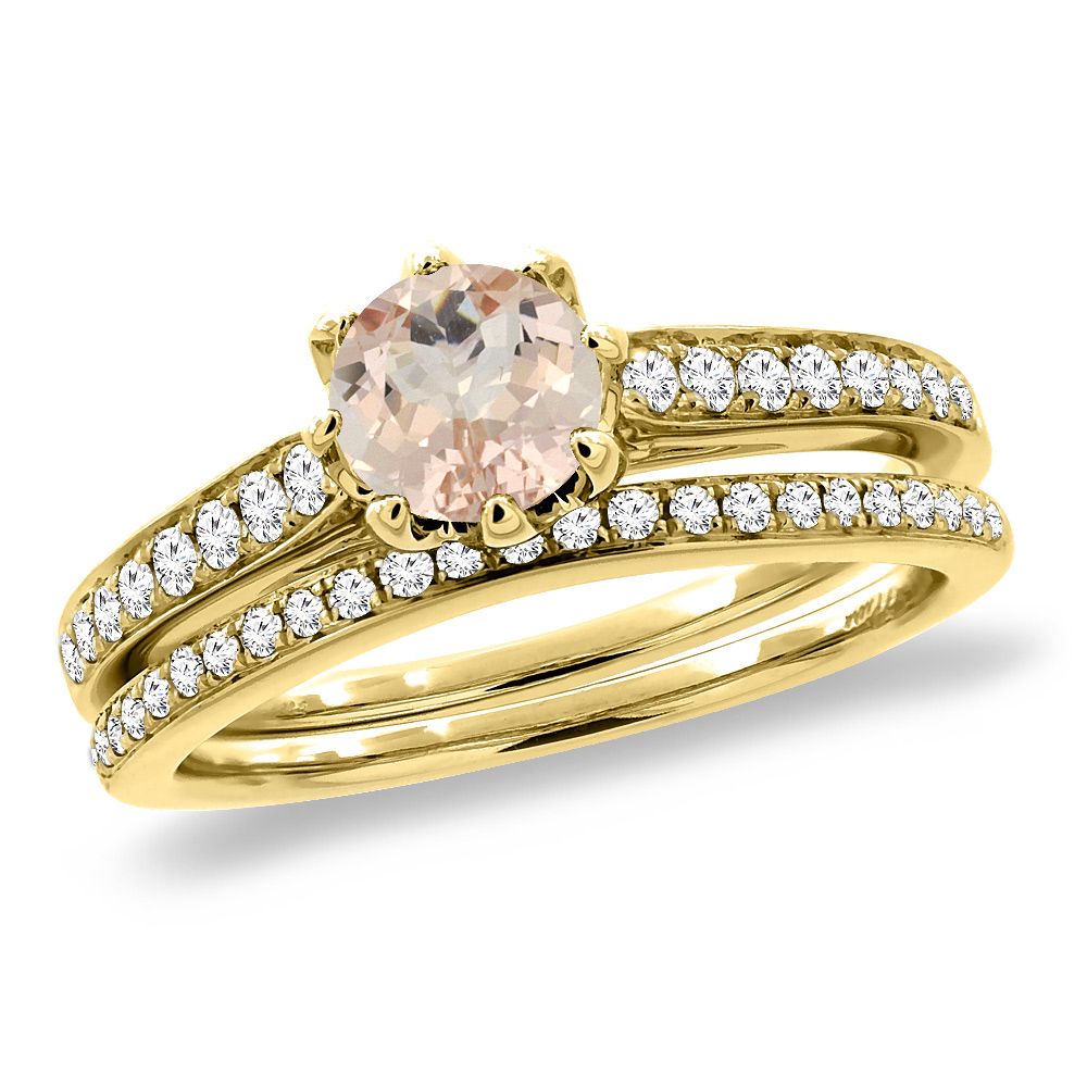 14K Yellow Gold Diamond Natural Morganite 2pc Engagement Ring Set Round 5 mm, sizes 5-10