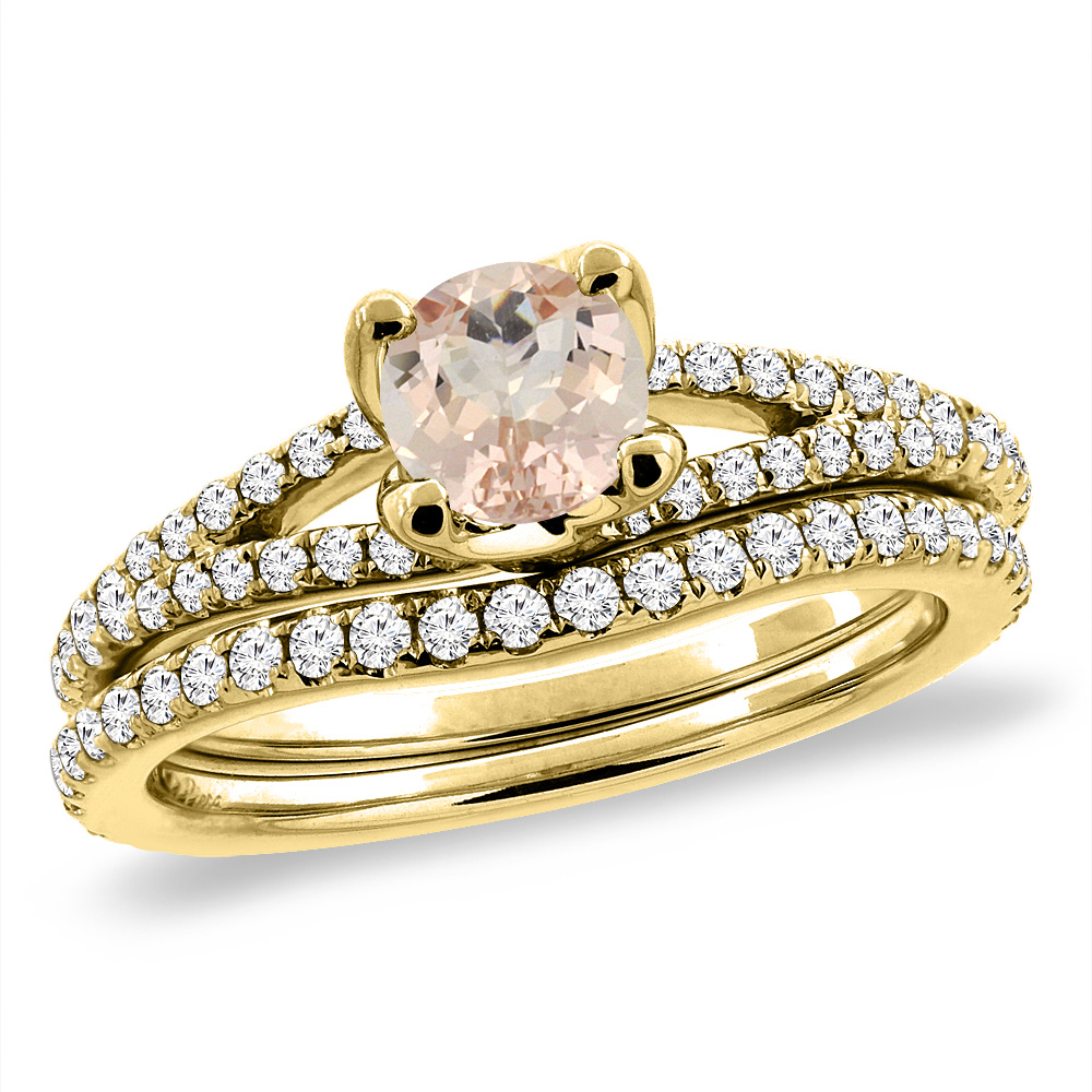 14K Yellow Gold Diamond Natural Morganite 2pc Engagement Ring Set Round 5 mm, sizes 5-10
