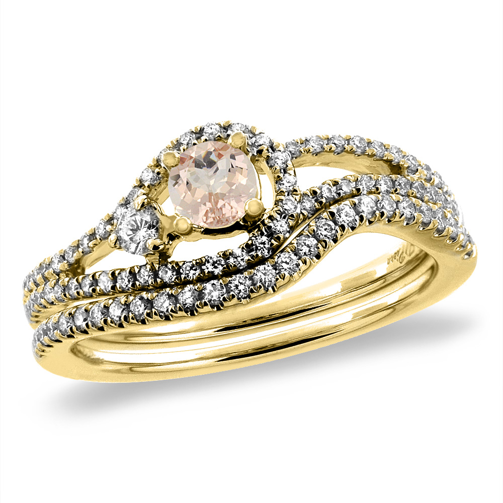 14K Yellow Gold Diamond Natural Morganite 2pc Engagement Ring Set Round 5 mm, sizes 5-10