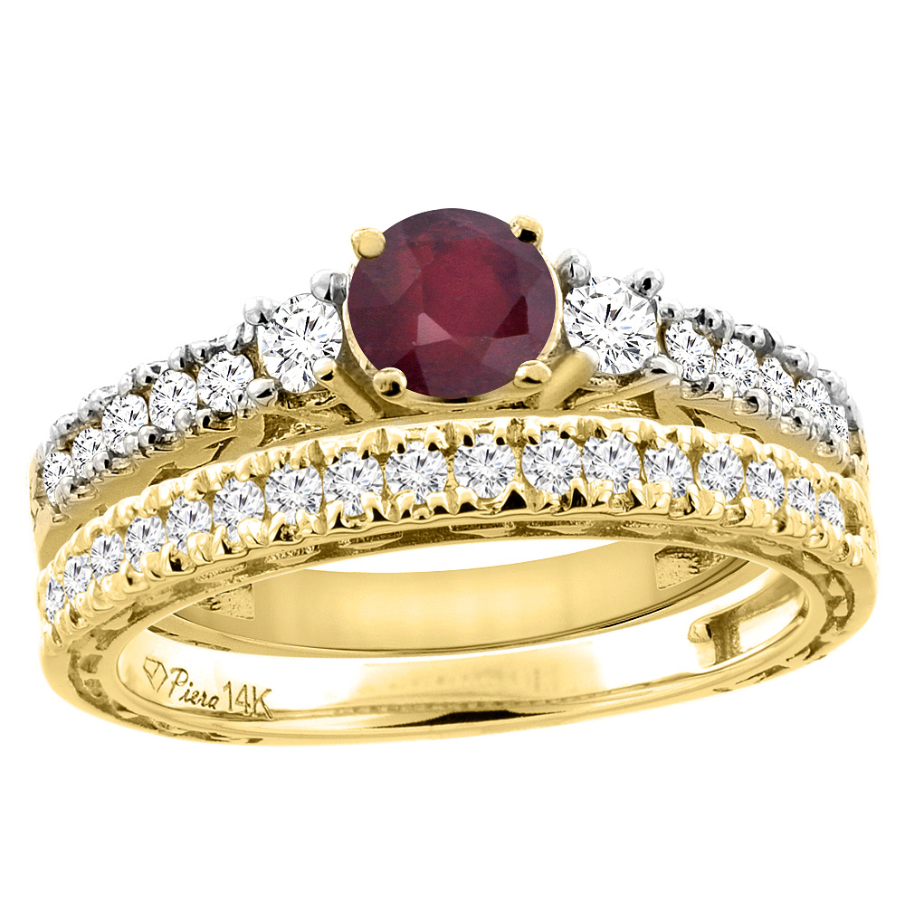 14K Yellow Gold Diamond Enhanced Ruby Engagement 2-pc Ring Set Engraved Round 6 mm, sizes 5 - 10
