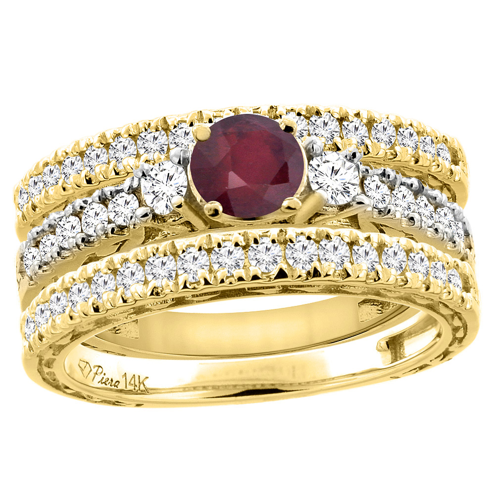 14K Yellow Gold Diamond Enhanced Ruby Engagement 3-pc Ring Set Engraved Round 6 mm, sizes 5 - 10