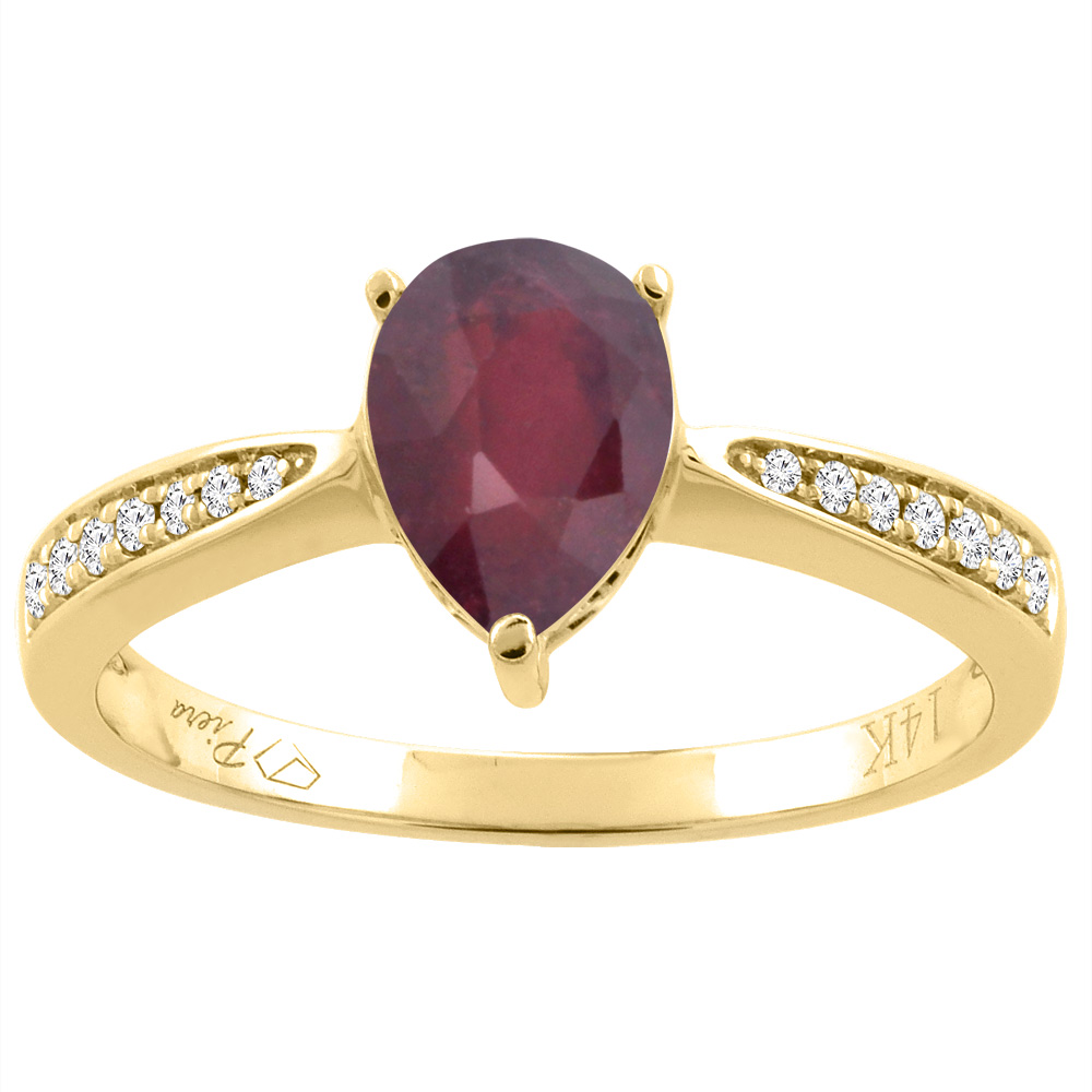14K Gold Enhanced Ruby Ring Pear Shape 8x6 mm Diamond Accents, sizes 5 - 10