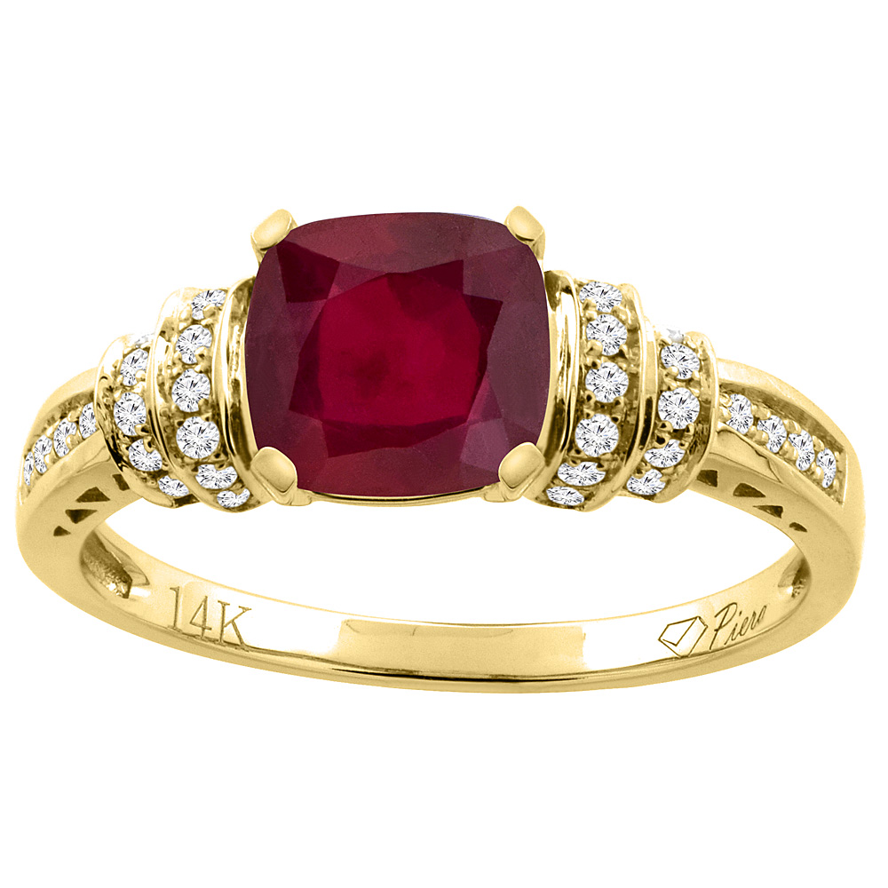 14K Gold Diamond and Enhanced Genuine Ruby Ring Cushion-cut 7x7 mm, sizes 5 - 10