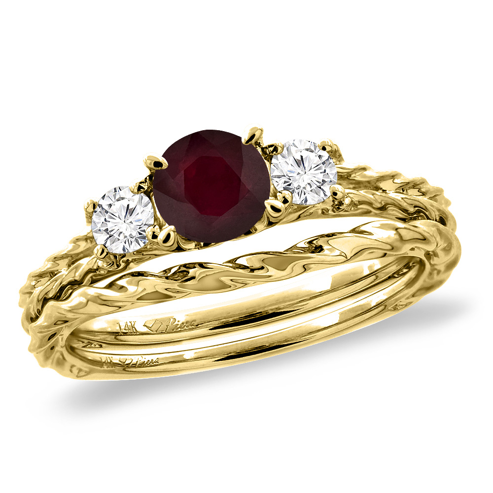 14K Yellow Gold Diamond Enhanced Genuine Ruby 2pc Engagement Ring Set Round 6mm Twisted, sizes 5-10