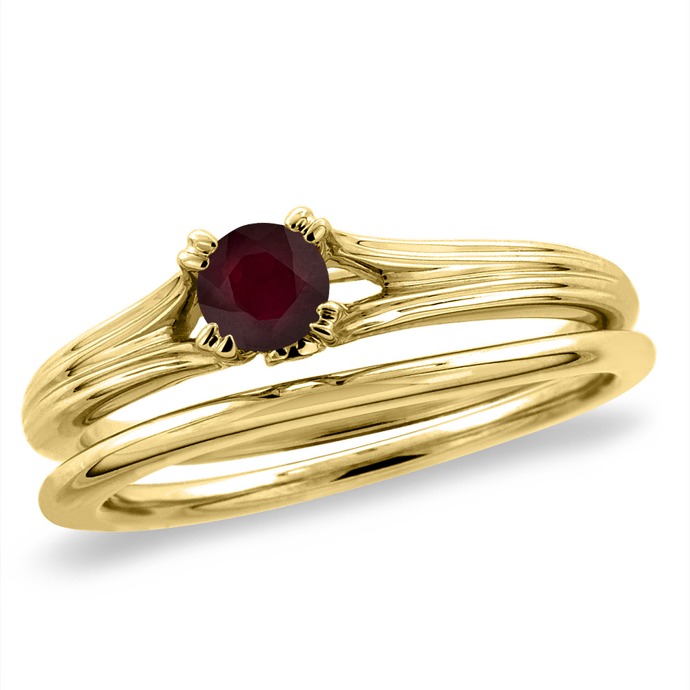 14K Yellow Gold Diamond Enhanced Genuine Ruby 2pc Solitaire Engagement Ring Set Round 5mm, size5 -10