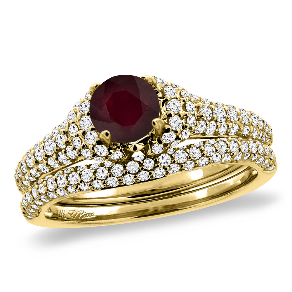 14K Yellow Gold Diamond Enhanced Genuine Ruby 2pc Engagement Ring Set Round 5 mm, sizes 5-10