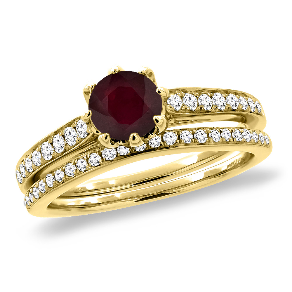 14K Yellow Gold Diamond Enhanced Genuine Ruby 2pc Engagement Ring Set Round 5 mm, sizes 5-10