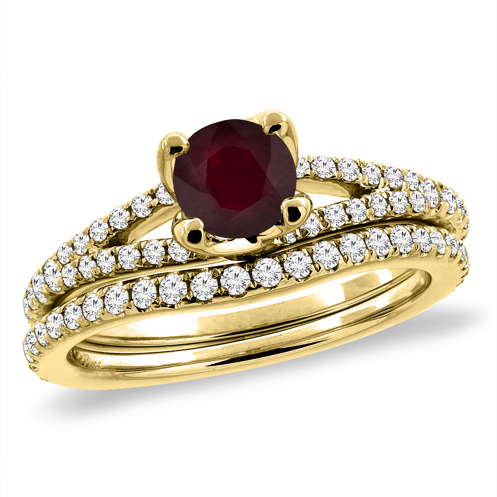 14K Yellow Gold Diamond Enhanced Genuine Ruby 2pc Engagement Ring Set Round 5 mm, sizes 5-10