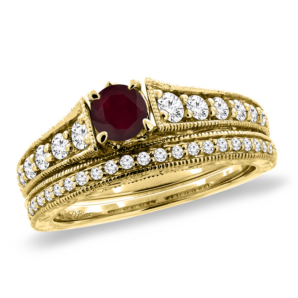 14K Yellow Gold Diamond Enhanced Genuine Ruby 2pc Engagement Ring Set Round 5 mm, sizes 5-10
