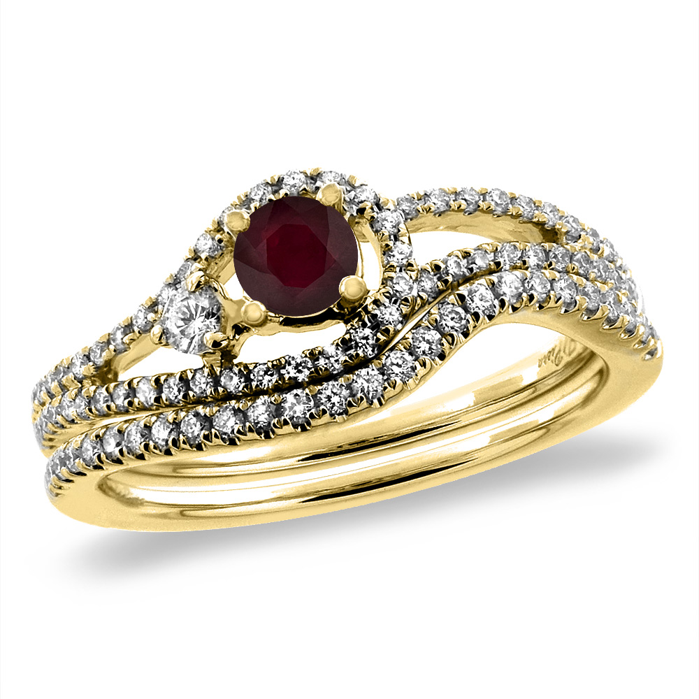 14K Yellow Gold Diamond Enhanced Genuine Ruby 2pc Engagement Ring Set Round 5 mm, sizes 5-10