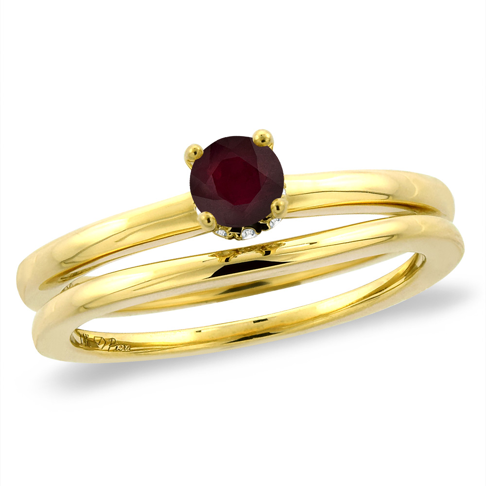 14K Yellow Gold Diamond Enhanced Genuine Ruby 2pc Solitaire Engagement Ring Set Round 5mm, size5 -10