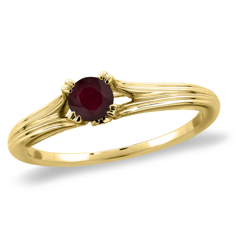 14K Yellow Gold Diamond Enhanced Genuine Ruby Solitaire Engagement Ring Round 5 mm, sizes 5 -10