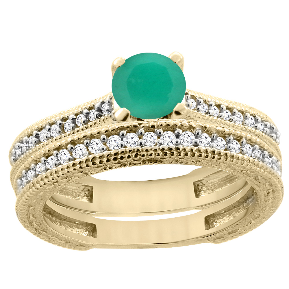 14K Yellow Gold Natural Emerald Round 5mm Engraved Engagement Ring 2-piece Set Diamond Accents, sizes 5 - 10
