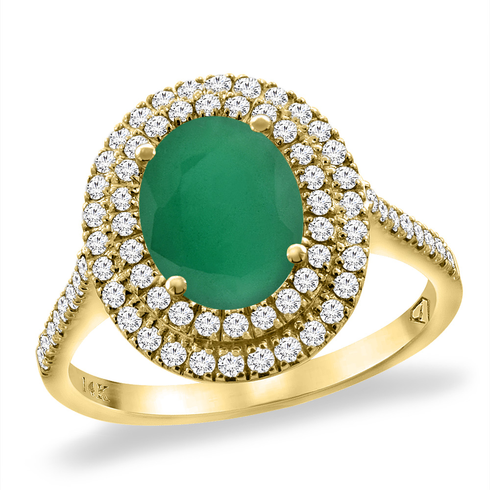 14K Yellow Gold Natural Emerald Two Halo Diamond Engagement Ring 9x7 mm Oval, sizes 5 -10