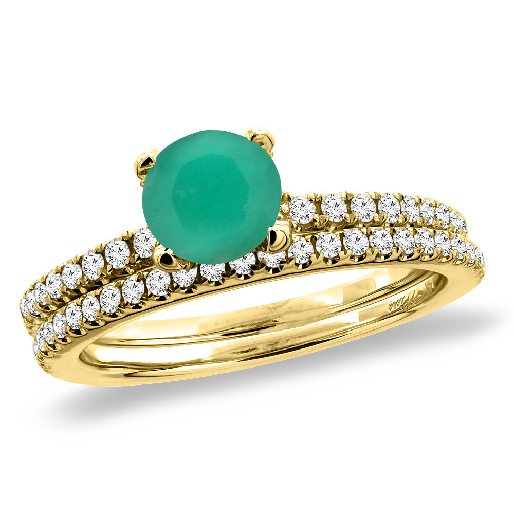 14K Yellow Gold Diamond Natural Emerald 2pc Engagement Ring Set Round 5 mm, sizes 5-10