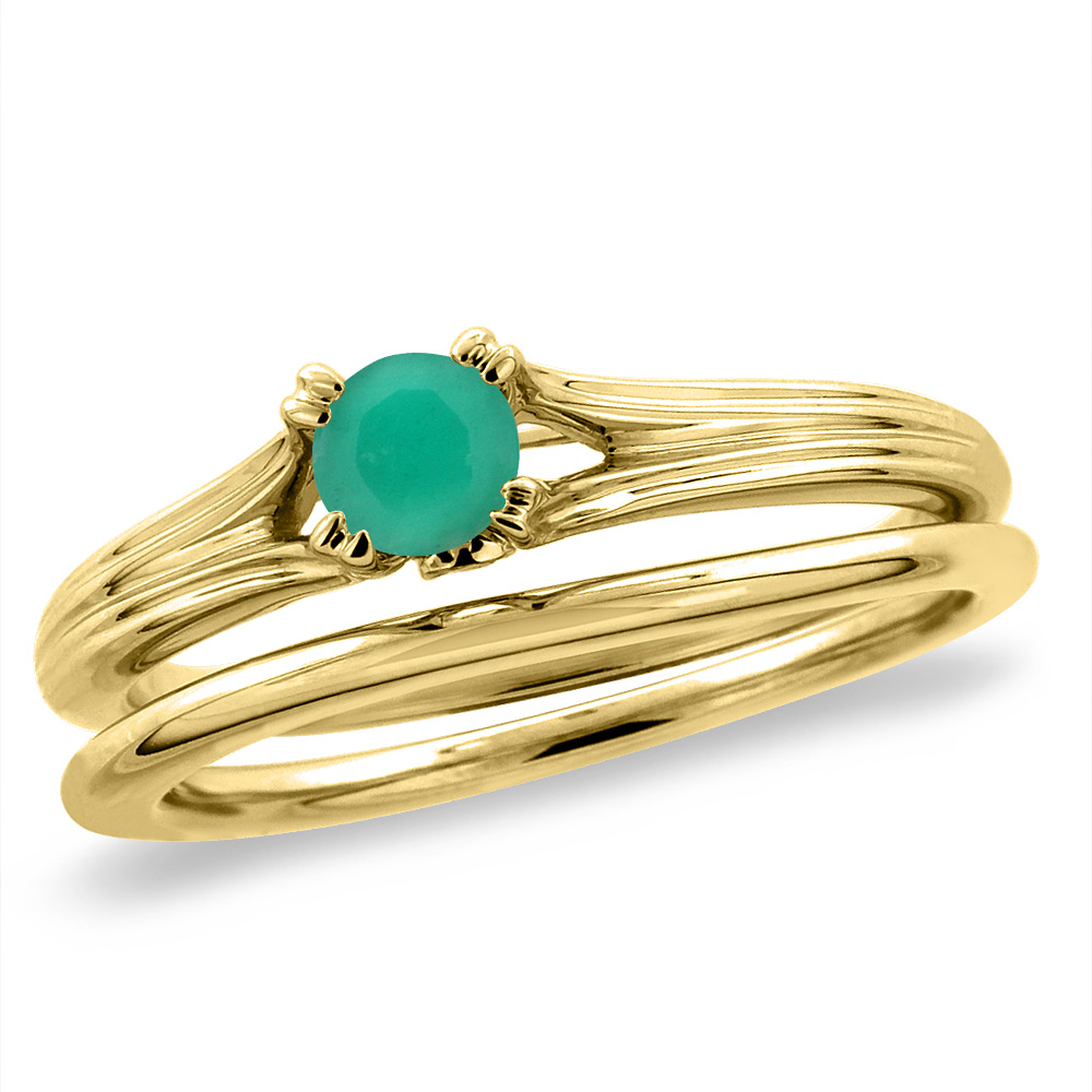 14K Yellow Gold Diamond Natural Emerald 2pc Solitaire Engagement Ring Set Round 5 mm, sizes 5 -10