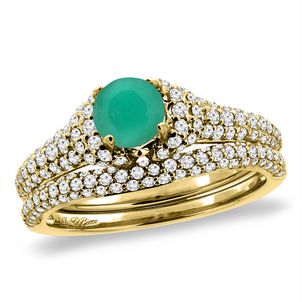 14K Yellow Gold Diamond Natural Emerald 2pc Engagement Ring Set Round 5 mm, sizes 5-10