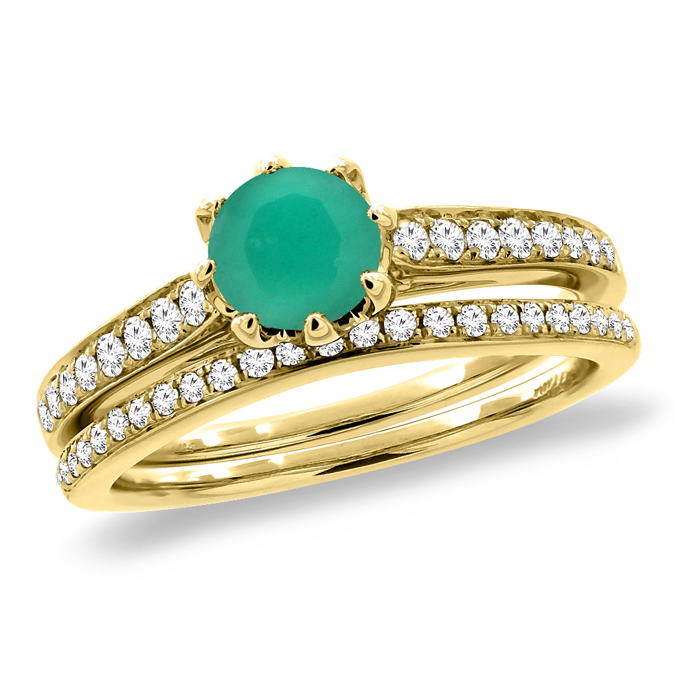 14K Yellow Gold Diamond Natural Emerald 2pc Engagement Ring Set Round 5 mm, sizes 5-10