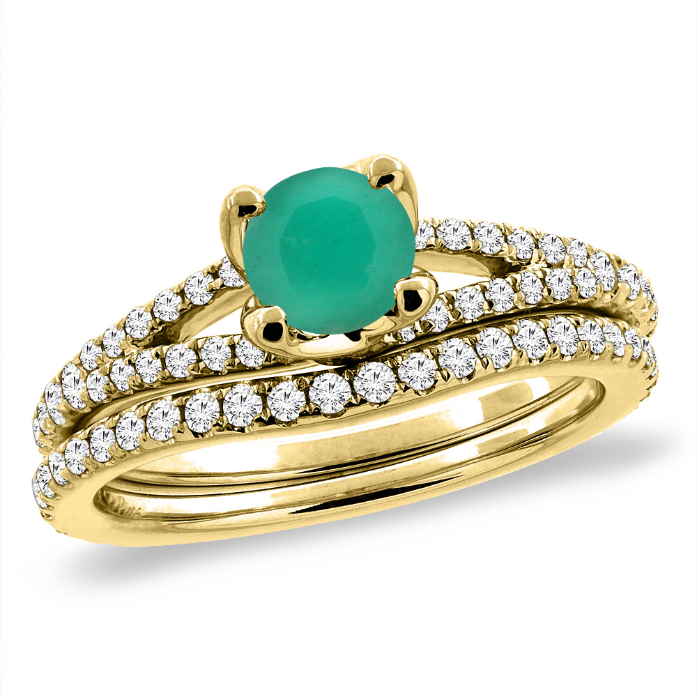 14K Yellow Gold Diamond Natural Emerald 2pc Engagement Ring Set Round 5 mm, sizes 5-10