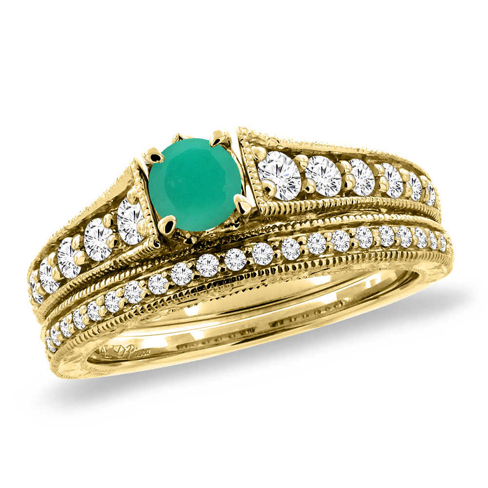 14K Yellow Gold Diamond Natural Emerald 2pc Engagement Ring Set Round 5 mm, sizes 5-10