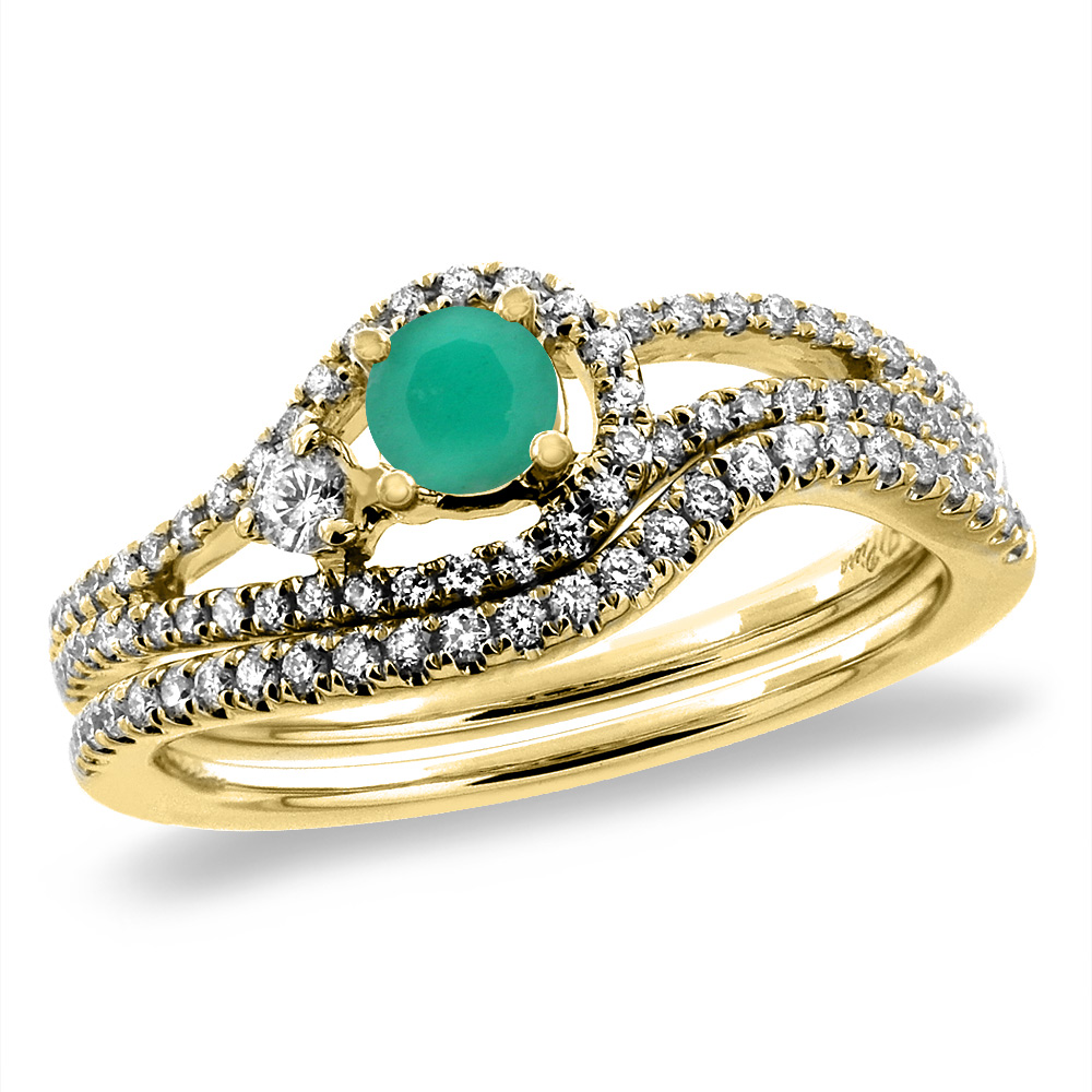 14K Yellow Gold Diamond Natural Emerald 2pc Engagement Ring Set Round 5 mm, sizes 5-10