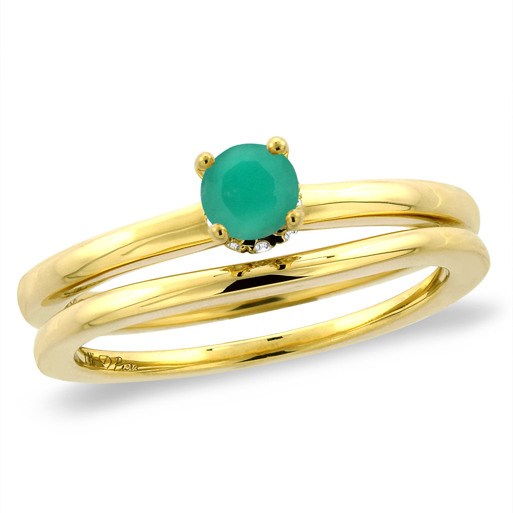 14K Yellow Gold Diamond Natural Emerald 2pc Solitaire Engagement Ring Set Round 5 mm, sizes 5 -10
