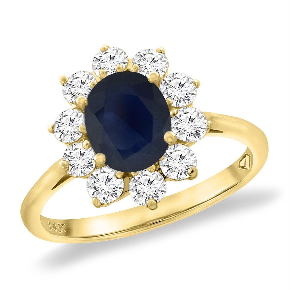 14K Yellow Gold Diamond Natural Blue Sapphire Engagement Ring Oval 8x6 mm, sizes 5 -10