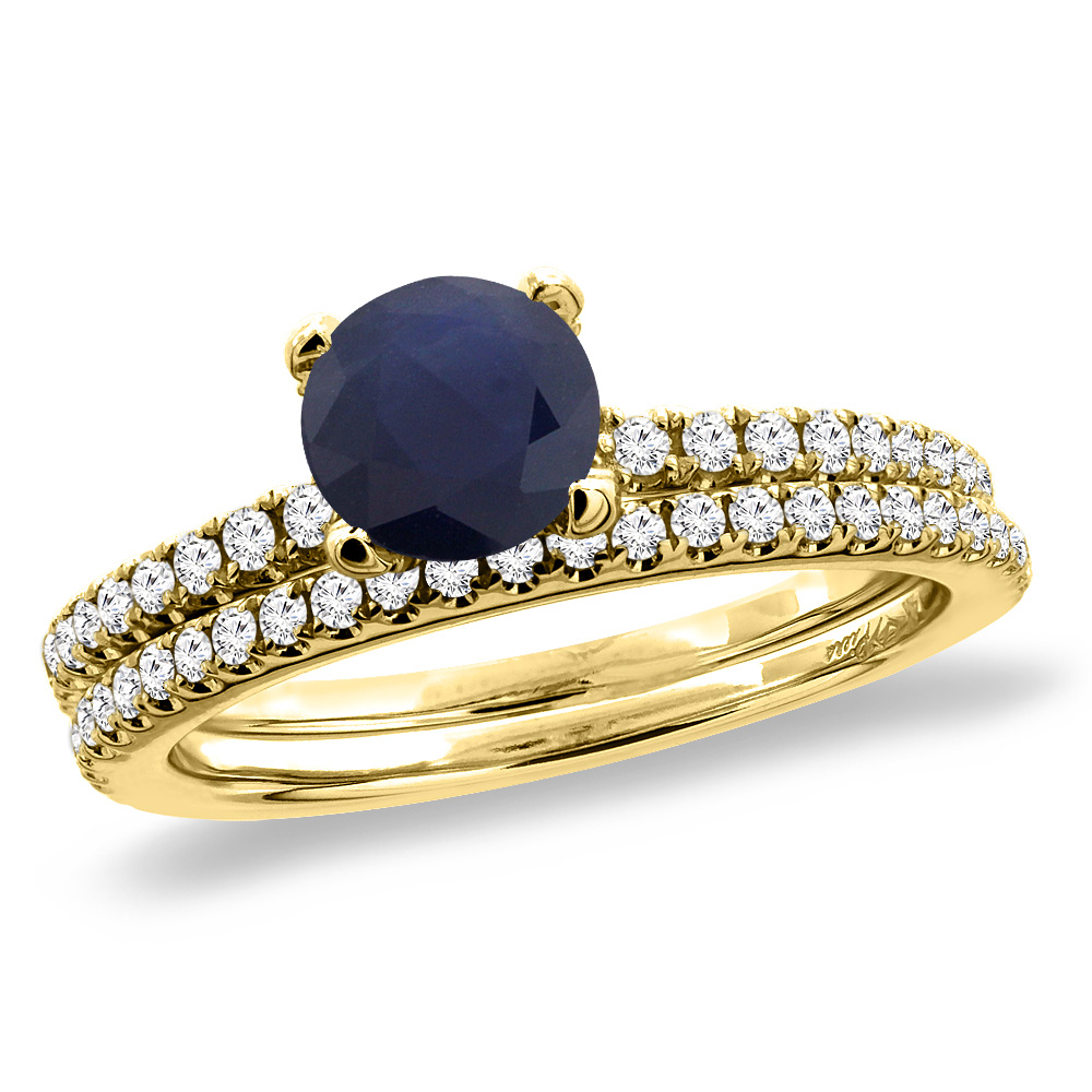 14K Yellow Gold Diamond Natural Blue Sapphire 2pc Engagement Ring Set Round 5 mm, sizes 5-10