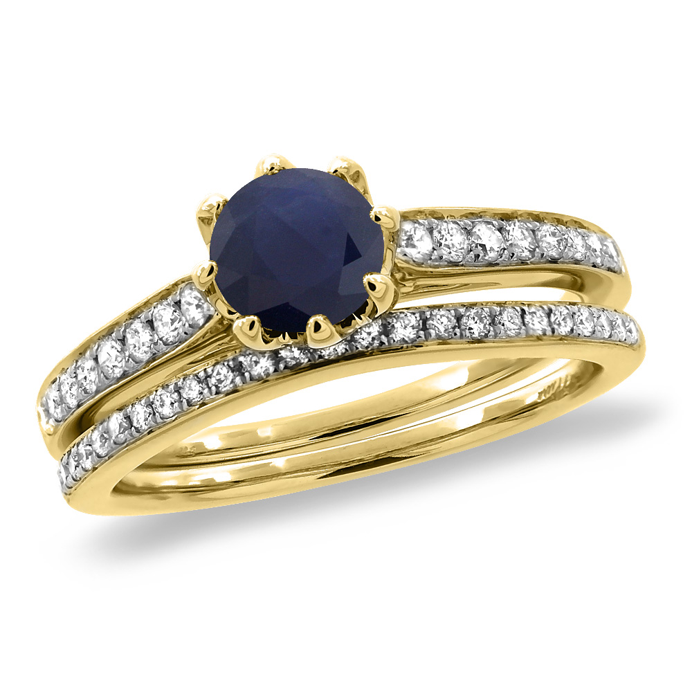 14K Yellow Gold Diamond Natural Blue Sapphire 2pc Engagement Ring Set Round 5 mm, sizes 5-10