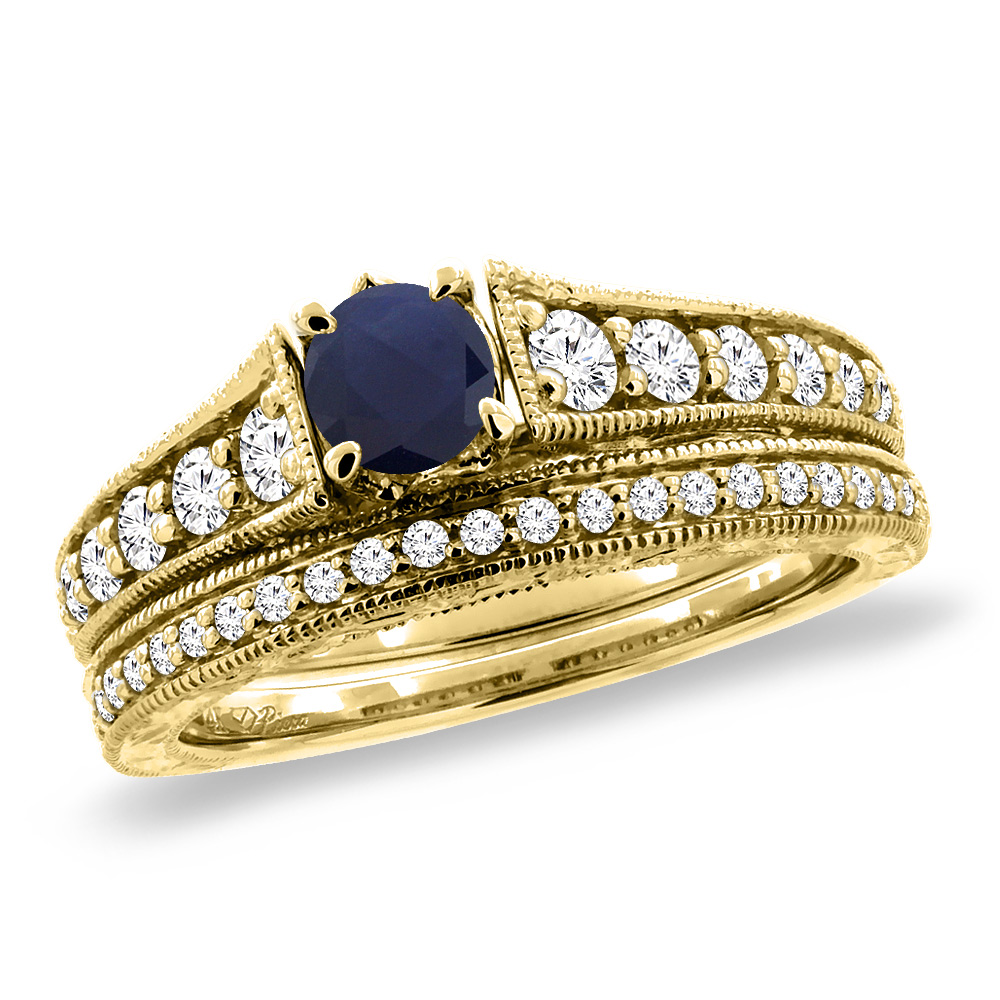 14K Yellow Gold Diamond Natural Blue Sapphire 2pc Engagement Ring Set Round 5 mm, sizes 5-10