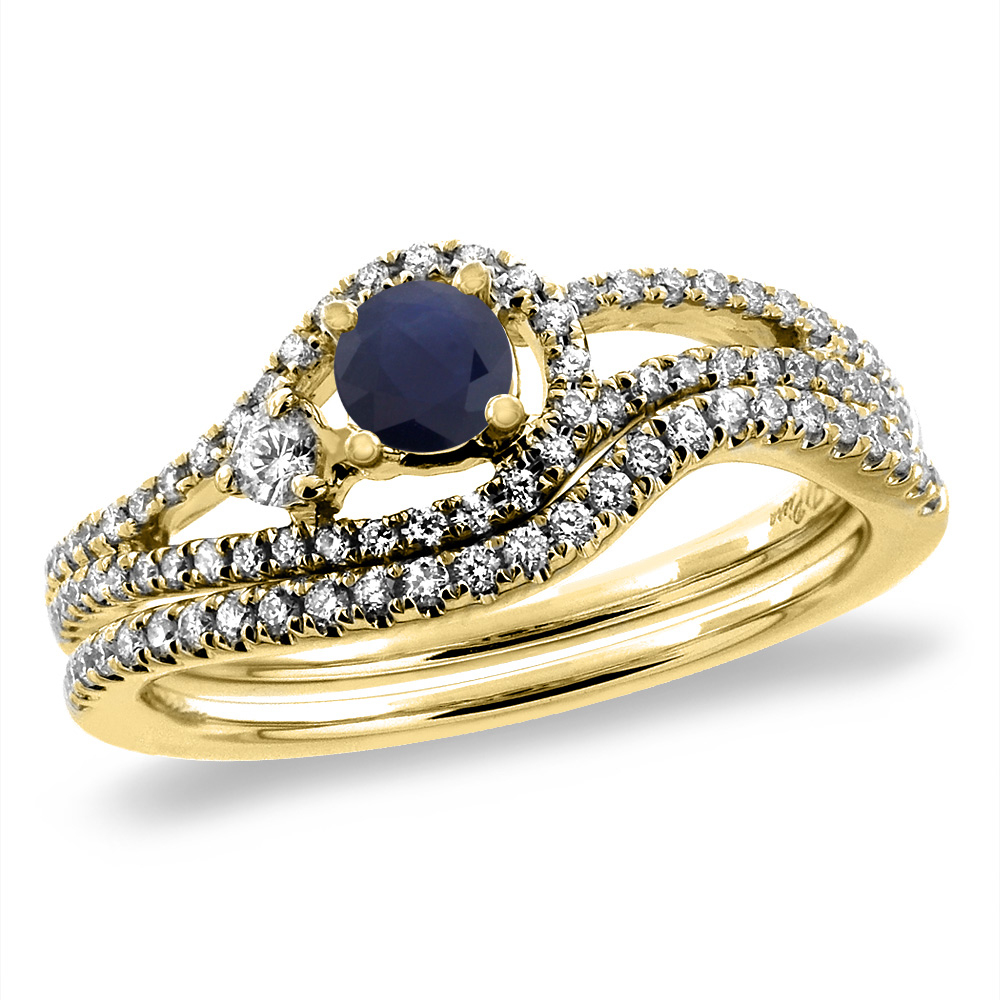 14K Yellow Gold Diamond Natural Blue Sapphire 2pc Engagement Ring Set Round 5 mm, sizes 5-10