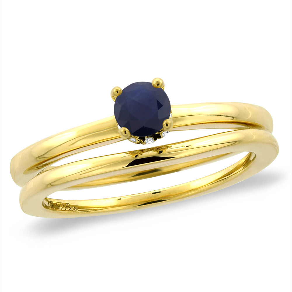 14K Yellow Gold Diamond Natural Blue Sapphire 2pc Solitaire Engagement Ring Set Round 5mm, size5 -10