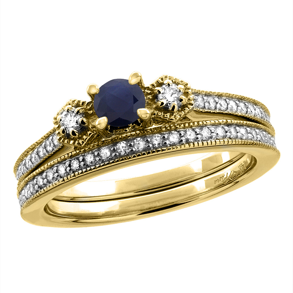 14K Yellow Gold Diamond Natural Blue Sapphire 2pc Engagement Ring Set Round 4 mm, sizes 5 - 10
