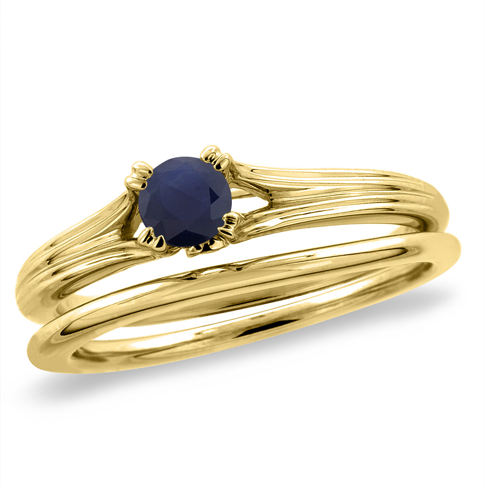 14K Yellow Gold Diamond Natural Blue Sapphire 2pc Solitaire Engagement Ring Set Round 4 mm, size5-10