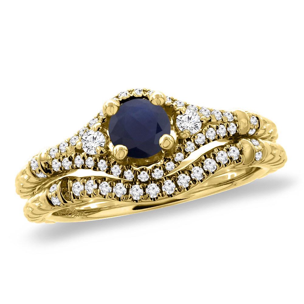 14K Yellow Gold Diamond Natural Blue Sapphire 2pc Engagement Ring Set Round 4 mm, sizes 5 - 10