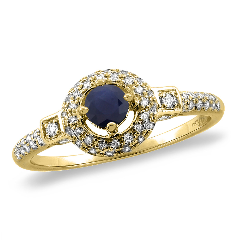 14K White/Yellow Gold Diamond Natural Blue Sapphire Halo Engagement Ring Round 4 mm, sizes 5 -10