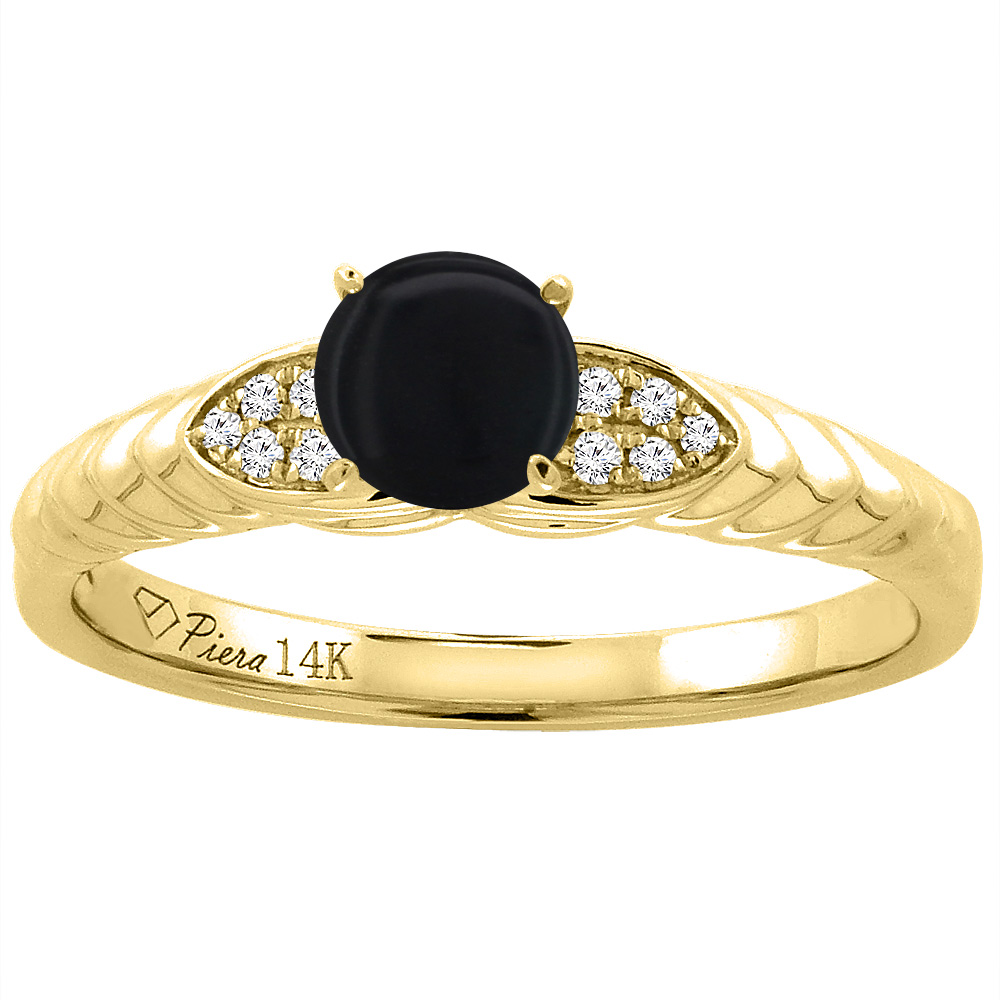 14K Yellow Gold Diamond Natural Black Onyx Engagement Ring Round 5 mm, sizes 5-10