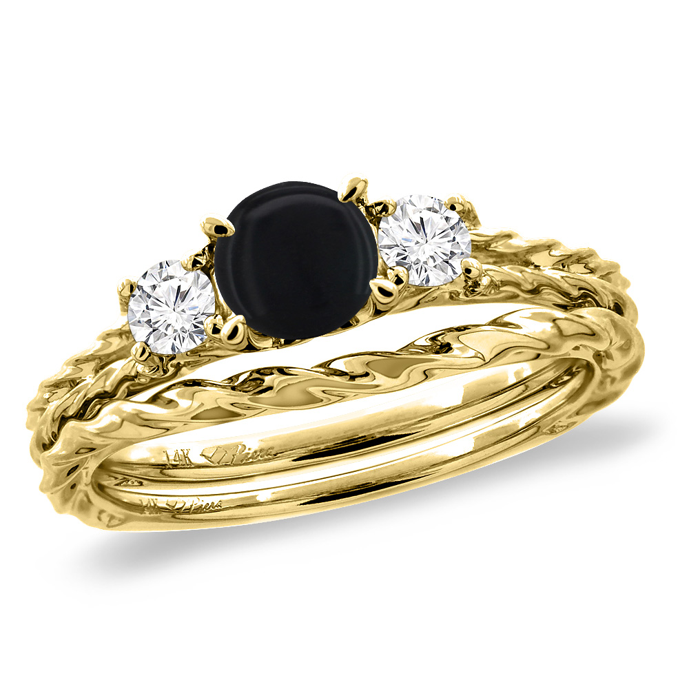 14K Yellow Gold Diamond Natural Black Onyx 2pc Engagement Ring Set Round 6mm Twisted, sizes 5-10