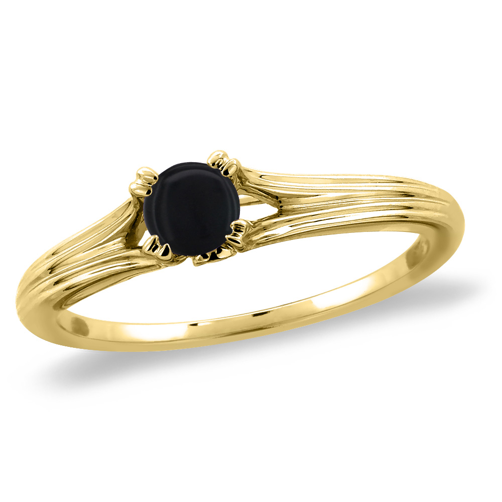 14K Yellow Gold Diamond Natural Black Onyx Solitaire Engagement Ring Round 6 mm, sizes 5 -10