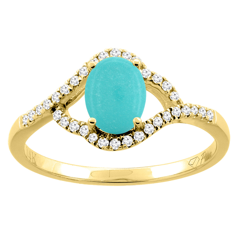 14K Gold Diamond Natural Turquoise Engagement Ring Oval 7x5 mm, sizes 5 - 10